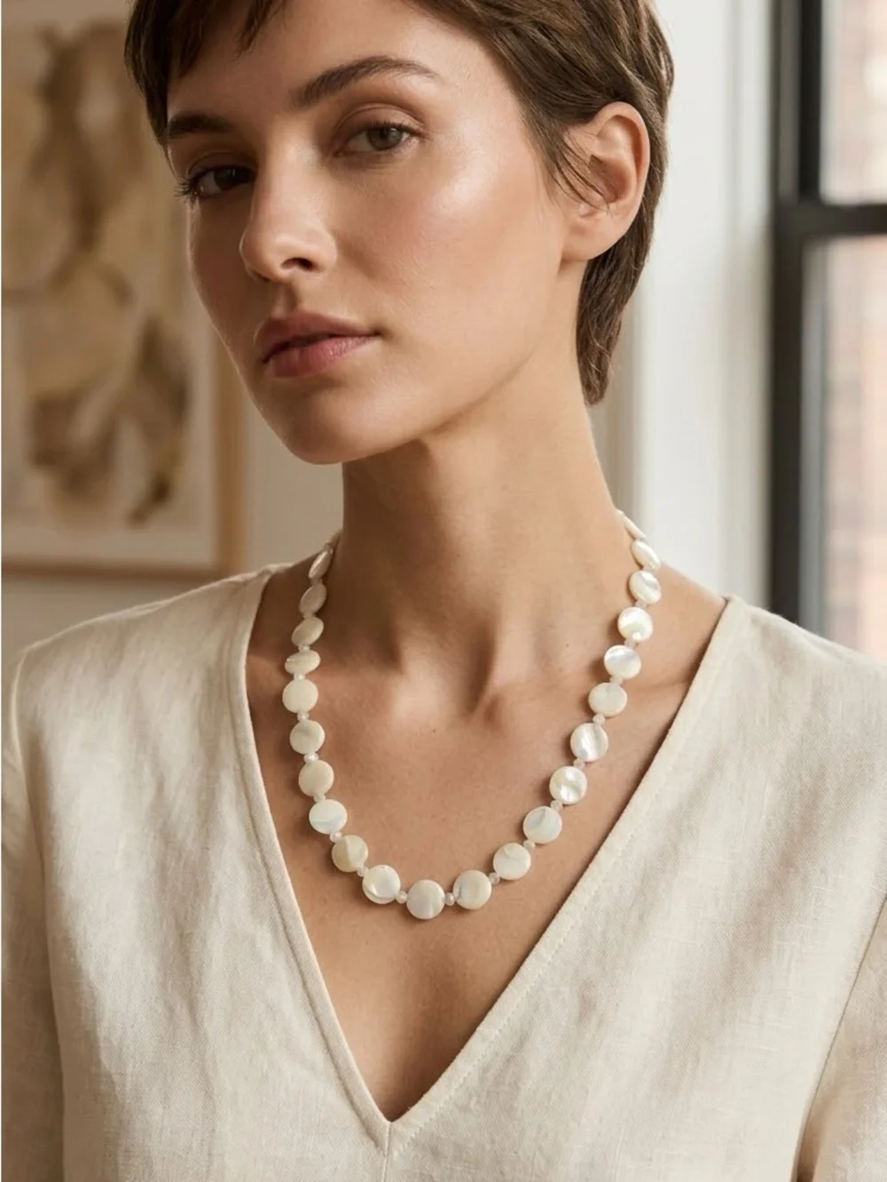 Vintage Mother-of-Pearl Disc & Moon Stone Space Beads Necklace
